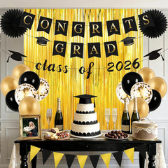 Graduation Decorations 2026, Black Gold Party Decor with Congrats Grad, Class of