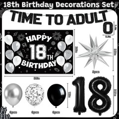 18Th Birthday Decorations for Boys Girls, Black 18Th Birthday Supplies Include T
