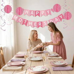Happy Mothers Day Decorations Set – Pink Mothers Day Banner Sign Decor with 6 Ho