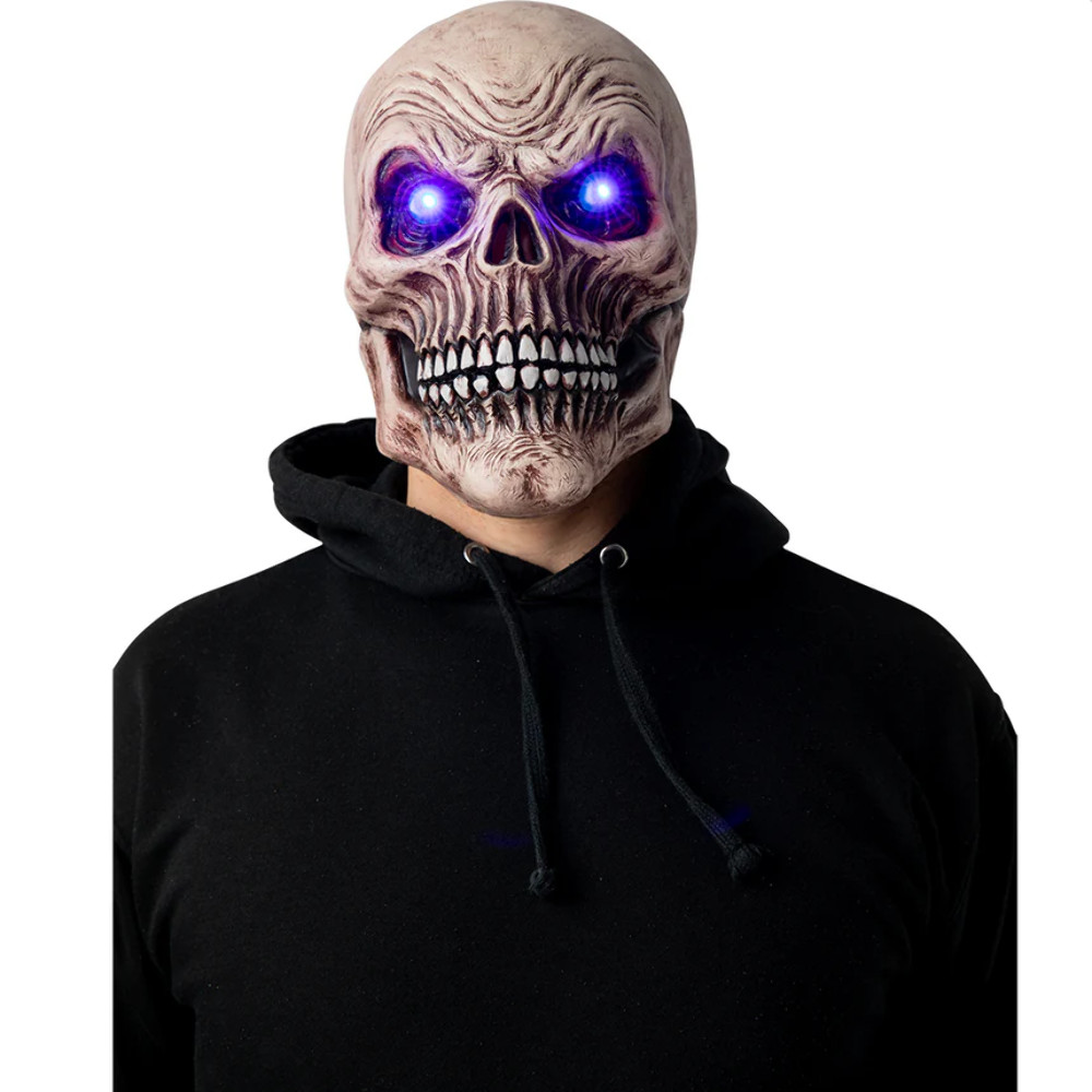 Skeleton with Blue Light Up Eyes Adults Halloween Fancy Dress Latex Skull Mask