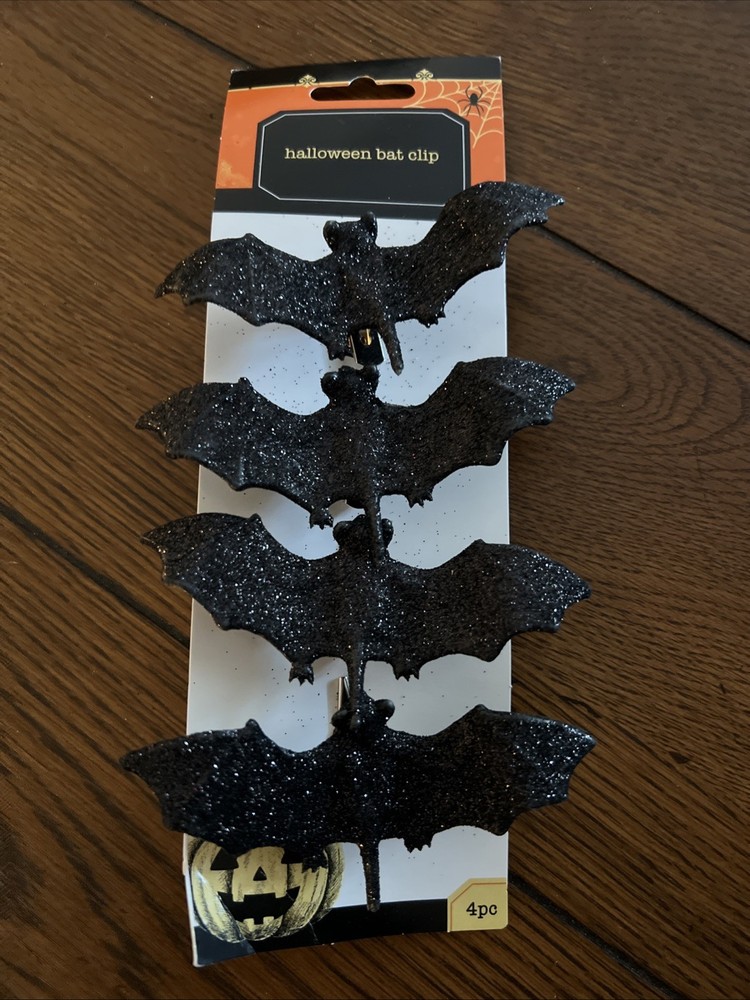 Black Glitter Bat Clip-on Scary Halloween Party Decor Spooky 4 Count NEW