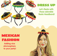 6 Pcs Sombrero Headbands Fabric & Straw Fiesta Party Photo Props One Size Adults
