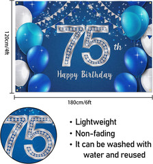 6X4Ft Happy 75Th Birthday Banner Backdrop – 75 Years Old Birthday Decorations Pa