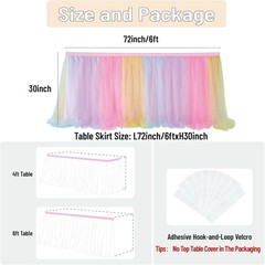72in Rainbow Tulle Table Skirts for Rectangle Tables 6/4ft, 2-Layer Pastel Co…