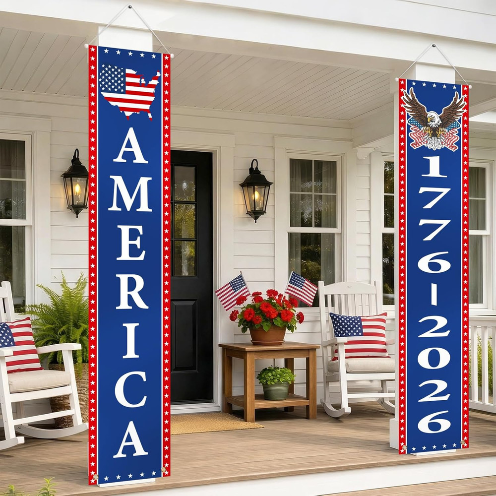 4Th of July Decorations Patriotic America USA Flag Porch Sign Door Banners Gift