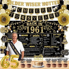 65th Birthday Decorations Kit – Black Gold Happy 65th Banner