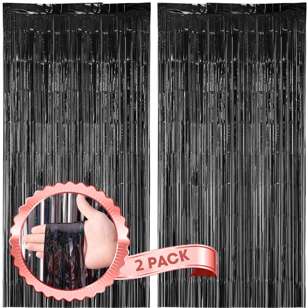 2 Pack Laser Black Foil Fringe Backdrop Curtains, Tinsel Streamers Birthday P…
