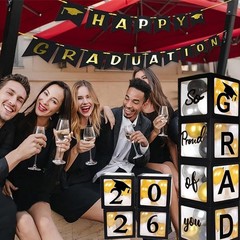2026 Graduation Party Decoration Black Balloon Boxes with Letters 2026 Grad &…