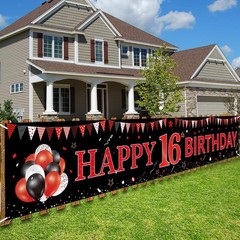 Red Black 16th Birthday Banner Decorations for 118 x 20 inches,