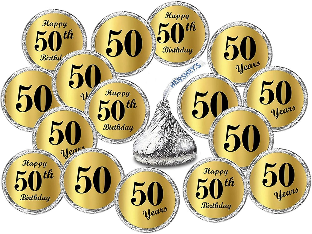 Gold Foil 50th Birthday Kisses Stickers (CANDY NOT INCLUDED)