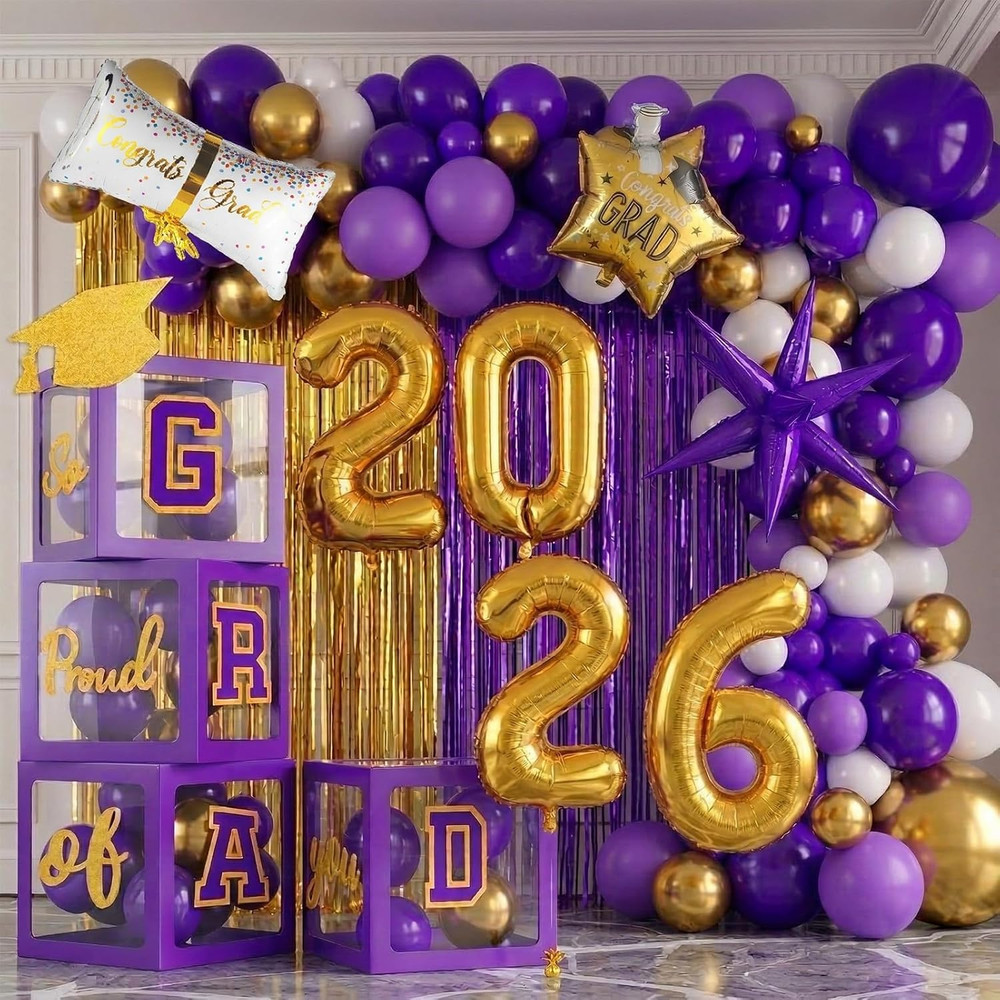 Purple Graduation Decorations 2026 Set of 4 GRAD Balloon Boxes with Balloon Arch