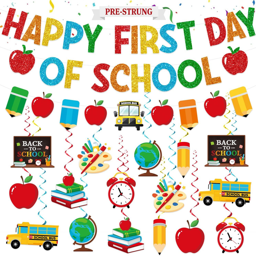 First Day of School Decorations, Pre-Strung Glitter First Day of School Banner w