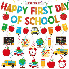First Day of School Decorations, Pre-Strung Glitter First Day of School Banner w