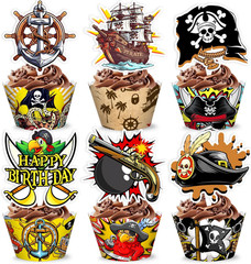 48PCS Pirate Themed Birthday Party Decorations | 24PCS Cupcake Toppers & 24PCS C