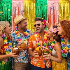 Luau Party Decorations – Tropical Streamers Backdrop Banner | Green Gold Rose