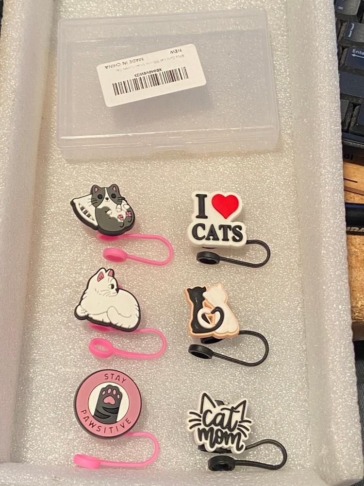 6 Silicone Straw Cover Caps (Cats Theme) *New/Open Package* bb1