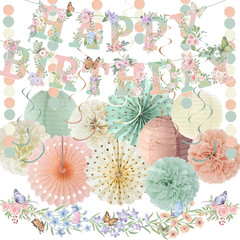Sage Green Blush Pink Birthday Decorations,Flower Butterfly Happy Birthday Banne