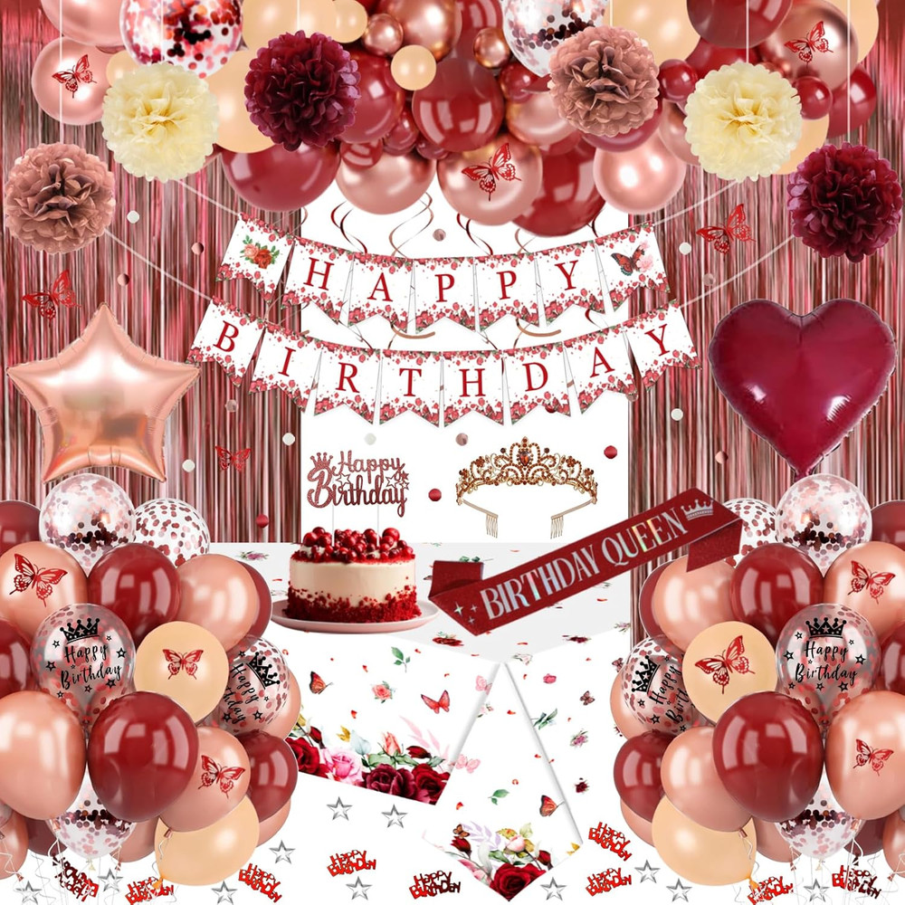 Burgundy Rose Gold Birthday Decorations with Happy Birthday Banner, Balloons, Sa