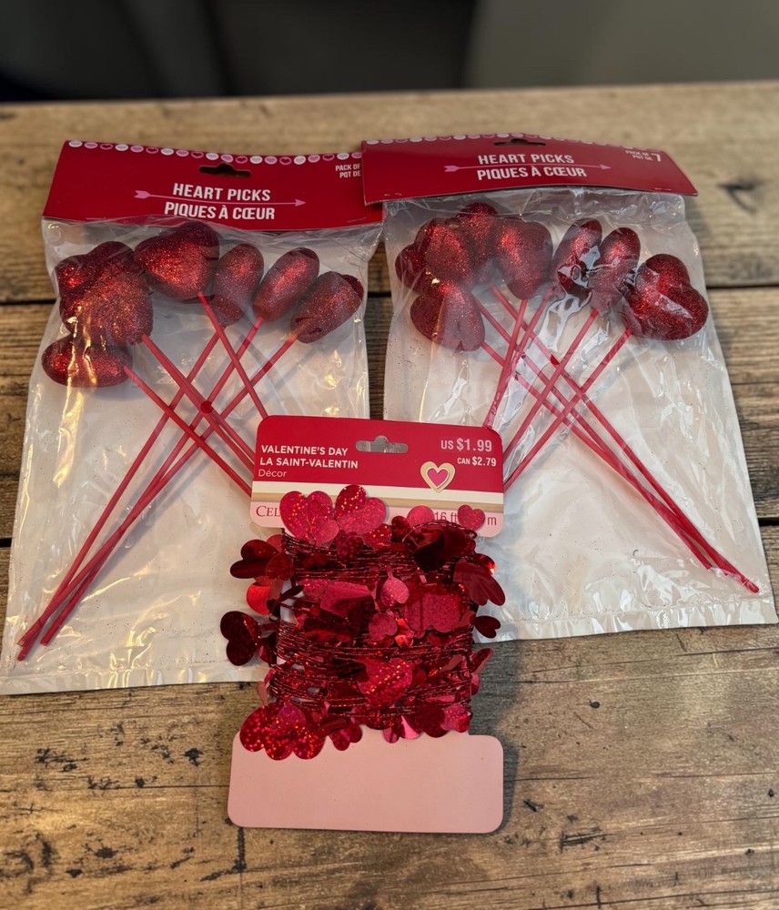 Valentines Day Glitter Heart Picks & Garland Set Red 14 Picks 16 Ft Garland Part