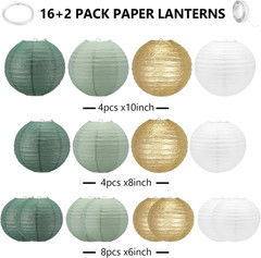 Sage Green Paper Lanterns Decorative,16Pack Gold Green White Party Decorations,H