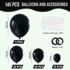 Black Balloons 145Pcs Different Sizes 5In 10In 12In 18In Shiny Metallic Black La