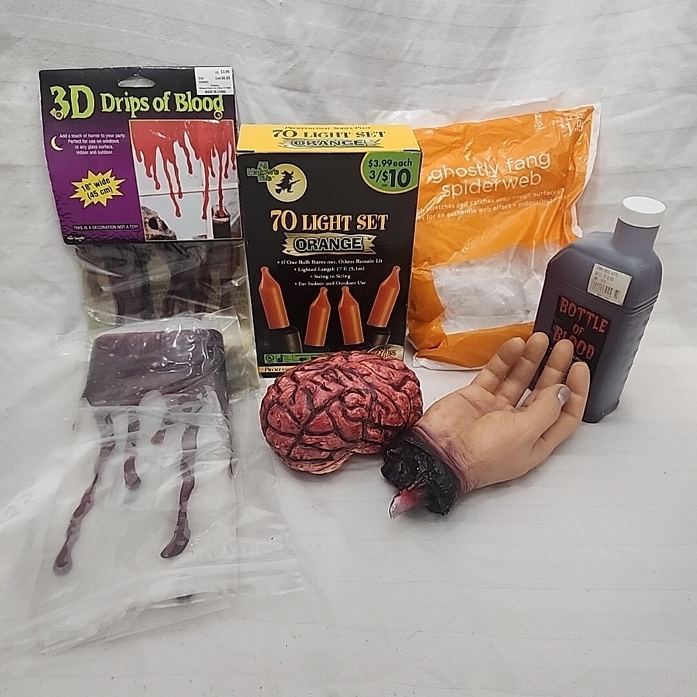 Halloween Scary Decorations Severed Hand, Brain, Lights, Blood, Web Party Props
