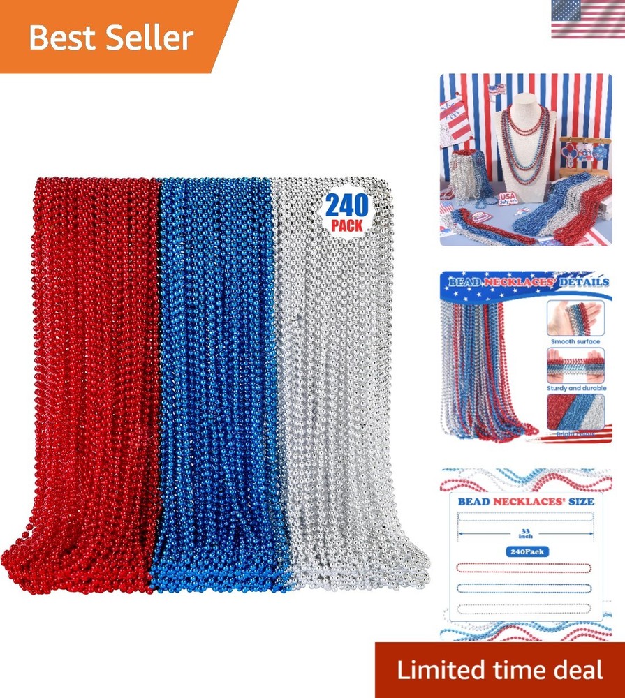 Patriotic 33″ Bead Necklaces – 240PCS Red, Silver & Blue for Celebration