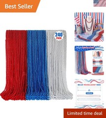 Patriotic 33″ Bead Necklaces – 240PCS Red, Silver & Blue for Celebration