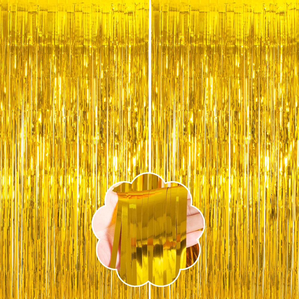 Gold Foil Fringe Backdrop Curtains – 2 Pack Tinsel Streamers for Events