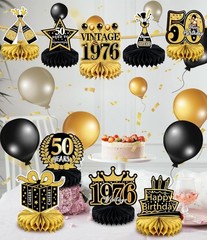 Elegant 9-Pc Black & Gold 50th Birthday Decorations Set – Honeycomb Centerpieces