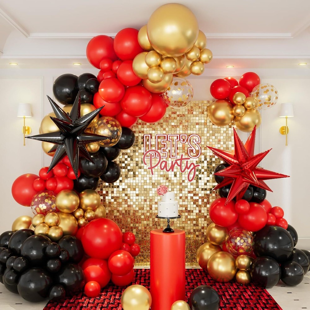 146Pcs Red Black and Gold Balloons Garland Arch Kit with Red and Black Exploding