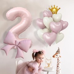 2nd Decorations for Girl Boy, Pastel Pink Number 2 Foil Balloon Set with Bow,…