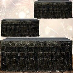 New Year’S Eve Party Fringe Table Skirt | (3 Pcs Pack) Black – Gold Stars Metall