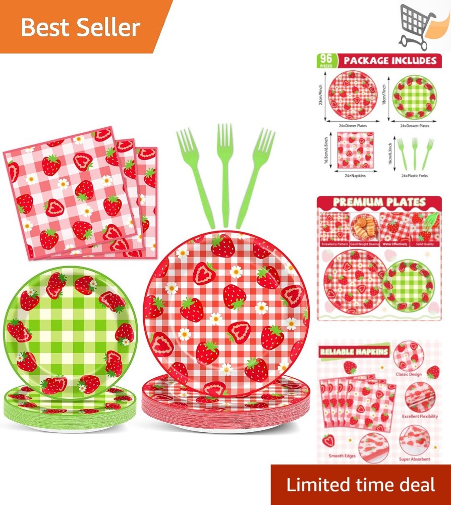 96Pcs Strawberry Party Plates Napkins Set Disposable Picnic Birthday Supplies