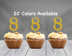 8th Birthday Decoration Cupcake Toppers (SET of 12) 20 Glitter Colors Available