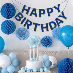 Navy Blue Happy Birthday Banner, Golden Border Happy Birthday Bunting Banner Fla