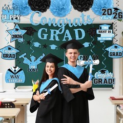 Light Blue Graduation Decorations 2026 – Congrats Grad Banner & Hanging Swirls f
