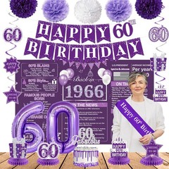 Purple 60Th Birthday Decorations for Women – Back in 1966 Backdrop, Banner, Swir