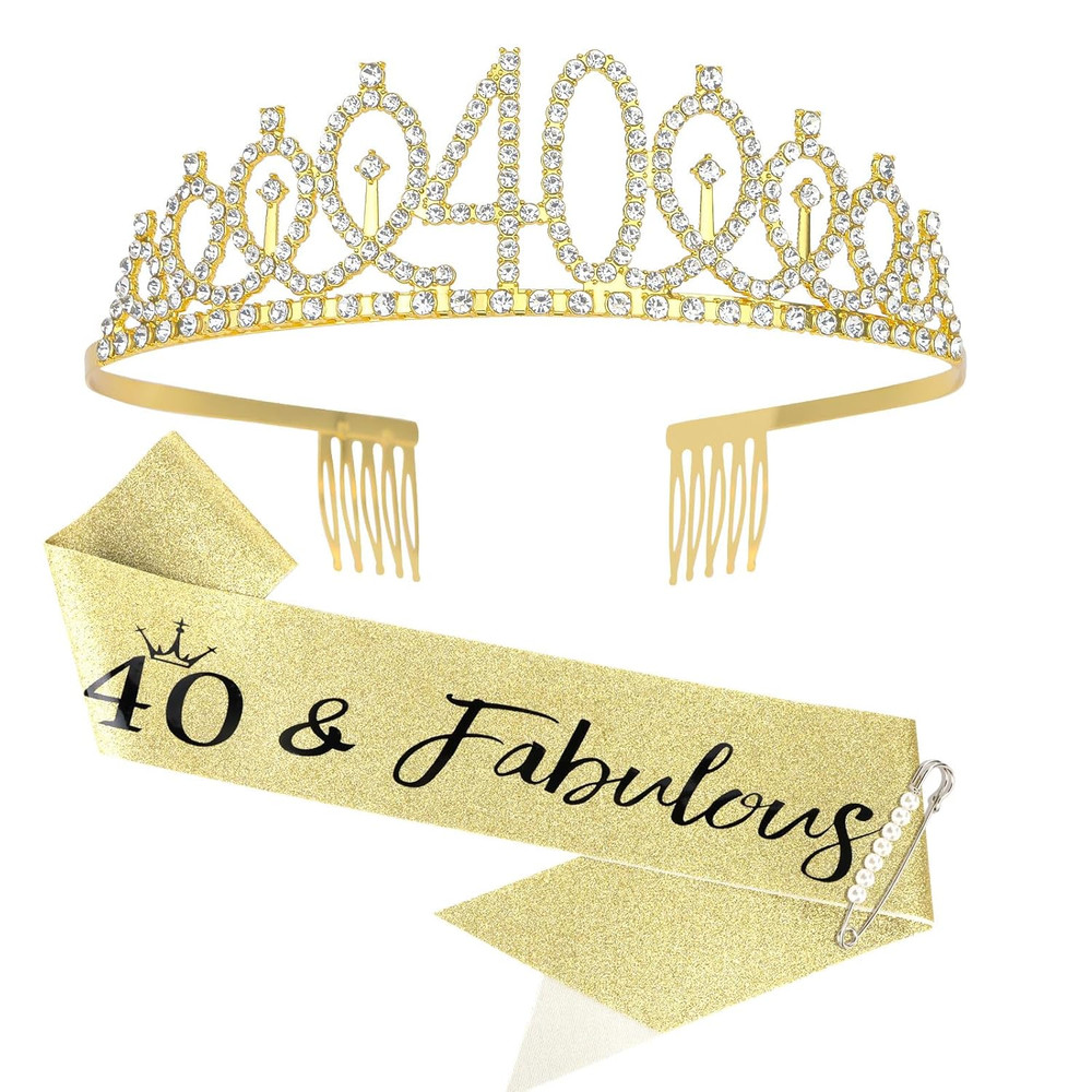 40Th Birthday Crown, 40 & Fabulous Sash, Pearl Pin Set, Tiara Decorations
