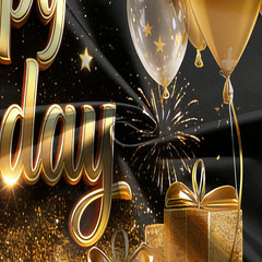 7X5Ft Black and Gold Happy Birthday Backdrop Glitter Balloon and Fireworks Photo