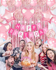 Pink Happy Birthday Party Decorations, Happy Birthday Banner, Pink Foil Heart St