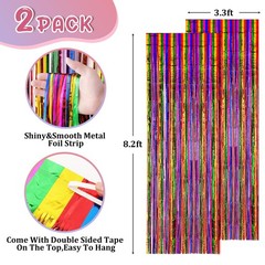 2 PCS Rainbow Foil Fringe Backdrop Curtains 3.3×8.2 Ft Tinsel Party Streamers
