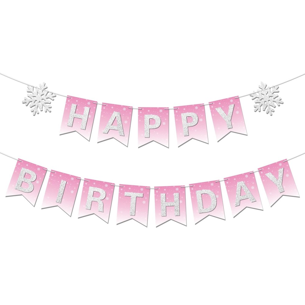 Blopee Pink Snowflake Happy Birthday Banner Prestrung Girl Winter Wonderland …