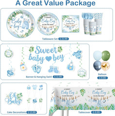 201PCS Baby Shower Decorations Boy Tableware Set, 25 Serves Disposable Plates an