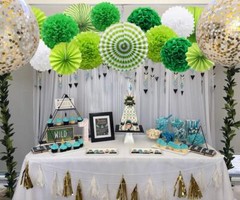 GREEN HANGING PAPER PARTY DECORATIONS ROUND PAPER FANS SET PAPER POM POMS FLOWER