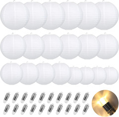 20PCS White Paper Lanterns with Lights, round Hanging Chinese Lanterns Decorativ
