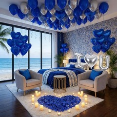 Globos De Corazones Azules y Plateados Para Cumpleaños Hombre Con 600 Pétalos