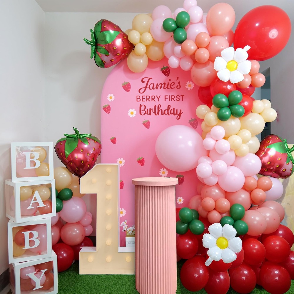 Strawberry Balloon Garland Arch Kit,176pcs Pink Red Green with large mylar ba…