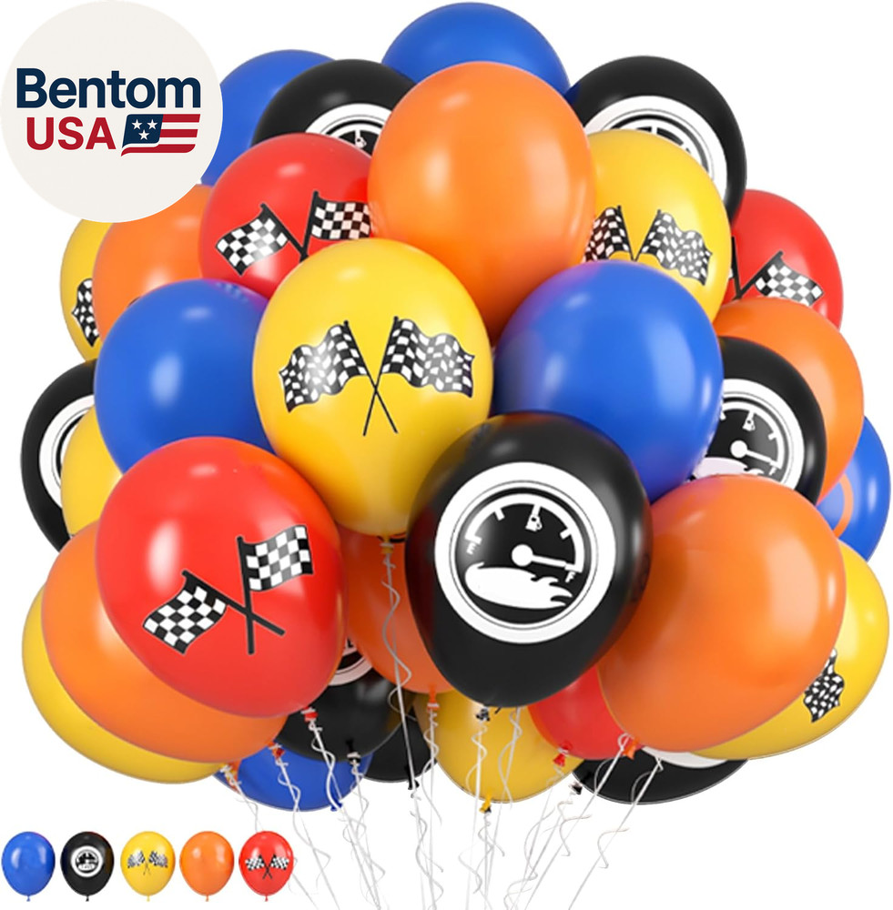 Race Car Balloons, 12 Inch Blue Black Yellow Orange Red Checkered Flag Car Ballo