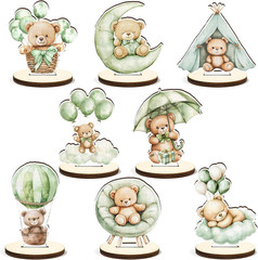 16 Pcs Wooden Baby Shower Table Centerpiece Sage Green Bear Tabletop Detachable